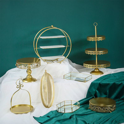 Tabla de postres de estilo europeo, estante de exhibición de bodas, banquete de bodas, estante de pastel, estante de té de la tarde, estante de golden snack set de 7 piezas