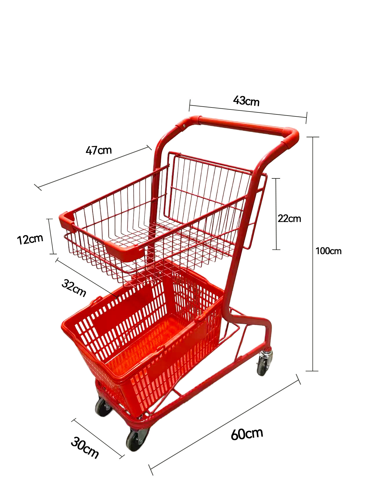 Supermercados multifuncionales agarran carritos de muñecas, centros comerciales de dos pisos, carritos de compras, puestos rojos de la red, carritos domésticos