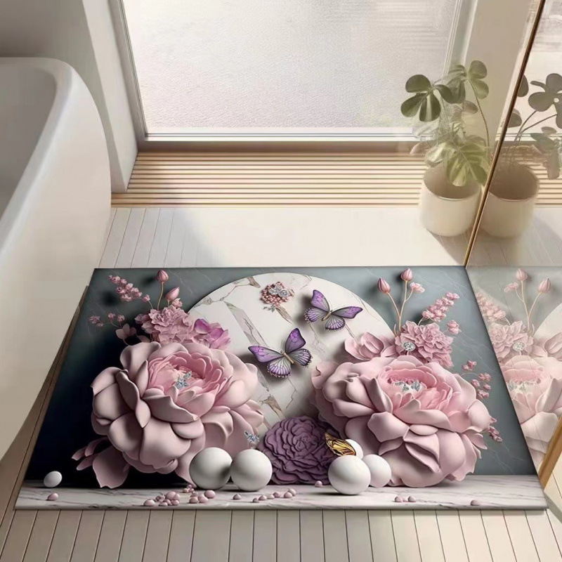3D bloemenmotief met diatomeeënaarde, moderne, lichte, luxe badkamermat, waterabsorberend, sneldrogend, antislip en wasbaar._voghion.com