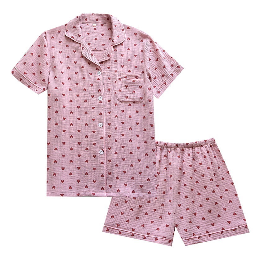 Pijamas de verano para mujer Pantalones cortos gasa de algodón de manga corta de doble capa ropa para el hogar traje de crepé de media manga transpirable que absorbe el sudor