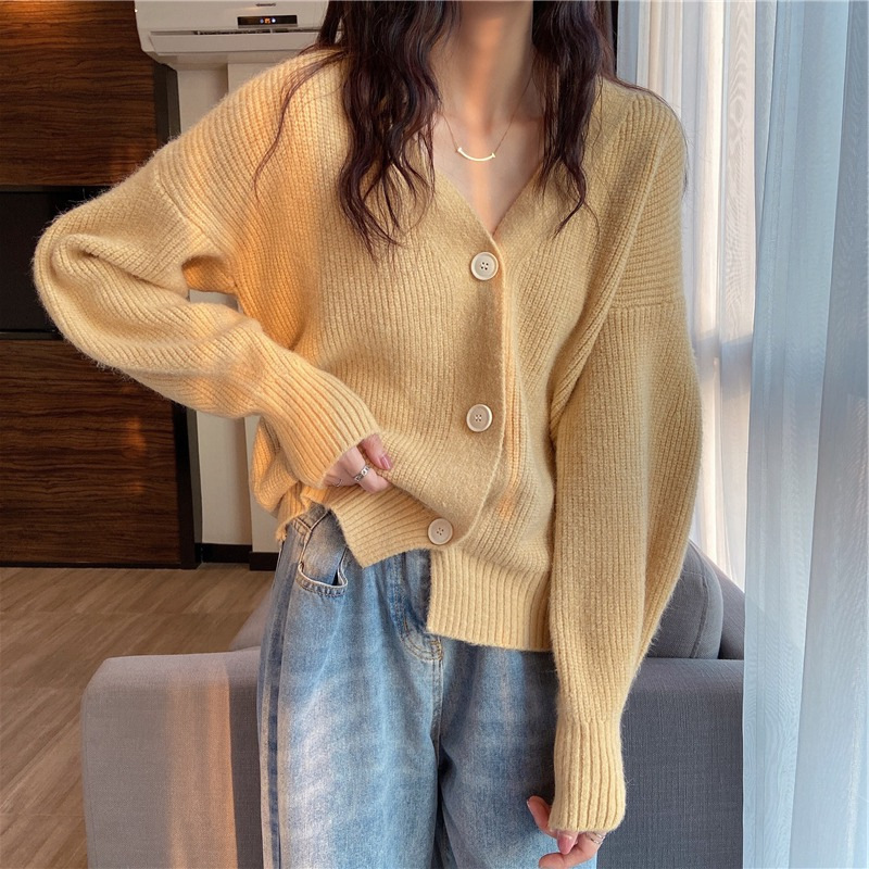 French V-Neck Candy Color Long Sleeve Cardigan Women's Loose Knit Sweater Coat Casual Elegant Outerwear_ecoleips.com