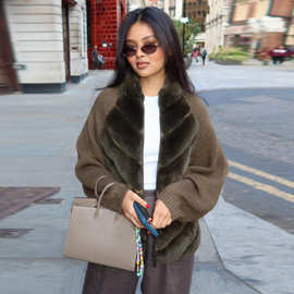 欧美2025跨境新款优雅气质秋冬长袖皮草毛毛针织拼接拉链外套