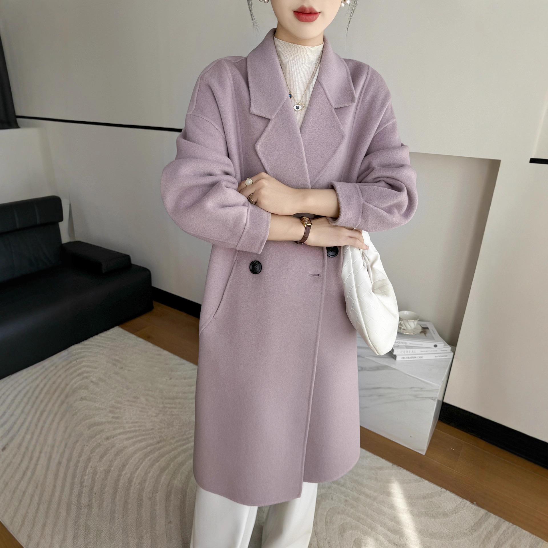 双面呢大衣女2025款全羊毛双面呢外套宽松慵懒风紫色大衣双面羊绒