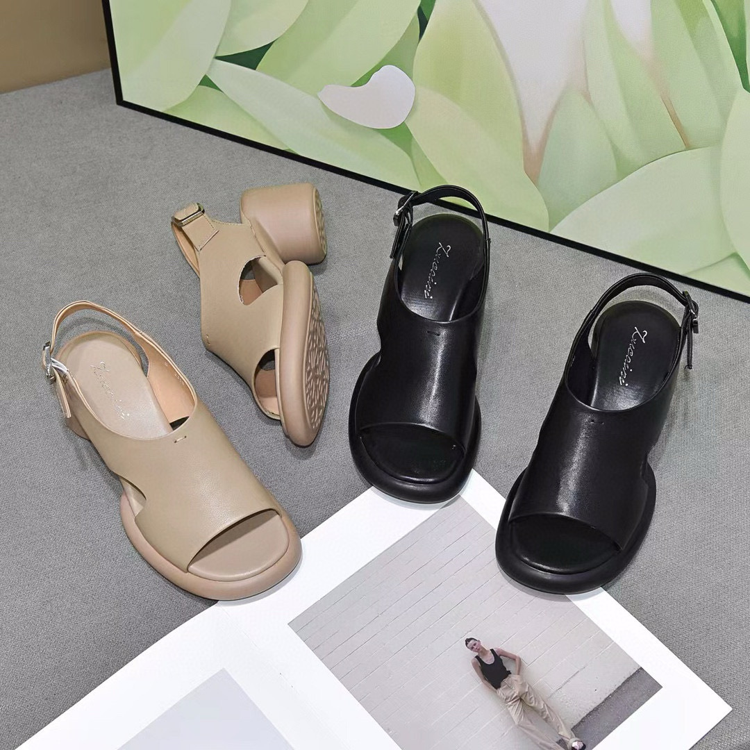 Sandal nữ da thật mũi hở gót vuông quai ngang đế dày — đen chi tiết 8