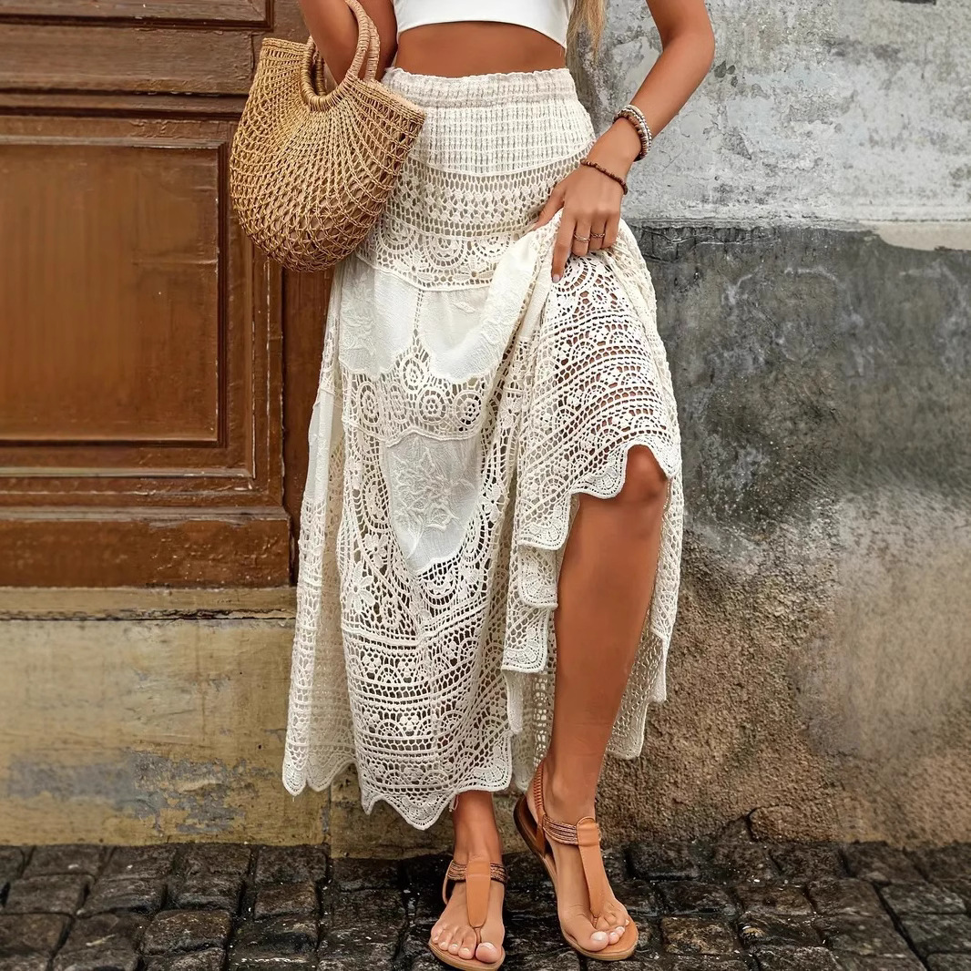 Crochet Hollow-Out For Women, New Summer Bohemian Resort Style, Unique Design, Casual Long Skirt_ecoleips.com