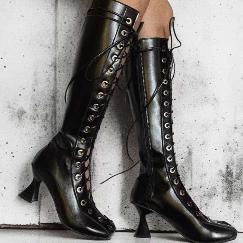Foreign Trade Women's Boots, Long Boots for Women, New Autumn and Winter Style, Pointed Toe, Front Lace-Up, High Boots, Black Knee-High Long Boots Foreign Trade Women's Boots, Long Boots for Women, New Autumn and Winter Style, Pointed Toe, Front Lace-Up, High Boots, Black Knee-High Long Boots
