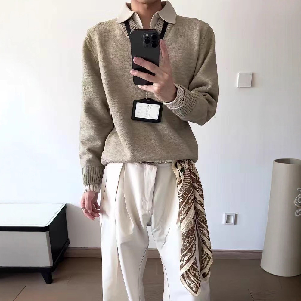 Suéter de punto de hombre falso camisa de dos piezas de cuello V coreano casual camisa de base de negocios ligera abrigo de viento perezoso transfronterizo