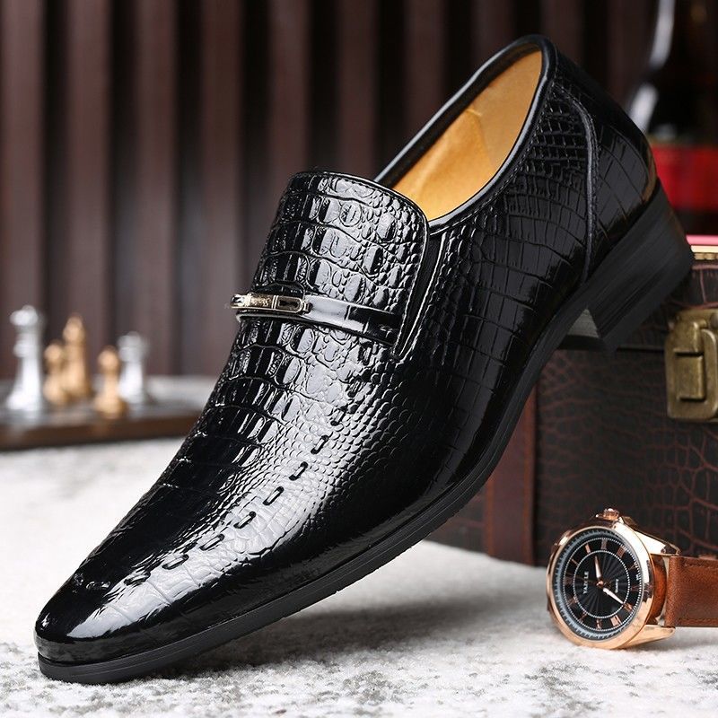 Authentic Leather Shoes for Men, Genuine Leather, Breathable, Business Formal, Height-Increasing, Youth Style, Crocodile Pattern, Korean Style, Pointed Toe, Groom's Shoes, Non-Slip