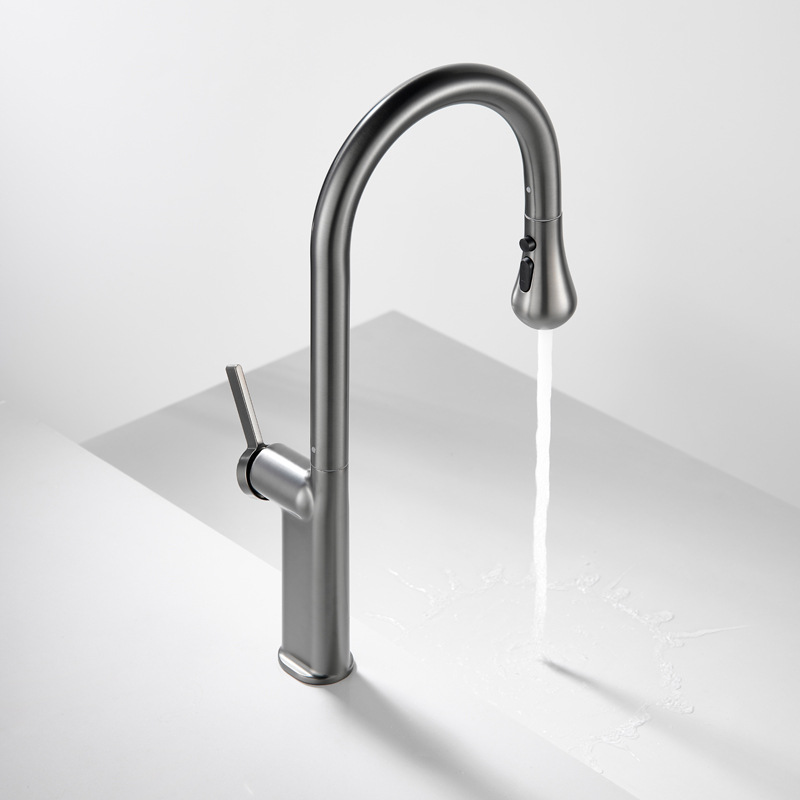 Pistola gris agua fría y caliente girando y tirando del grifo del fregadero girando y tirando del grifo del fregadero de varios engranajes