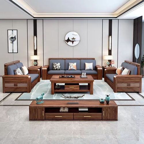 Gold Thread Walnut Wood Solid Sofa Set Modern Chinese Winter and Summer Dual-Purpose Living Room Washable Fabric Storage Sofa
