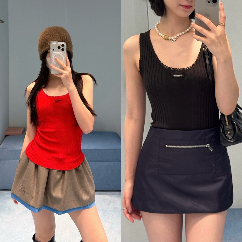 2026 Early Spring New Fashion Simple Versatile Patch Lace U-Neck Ribbed Knit Wool Vest Layered Top