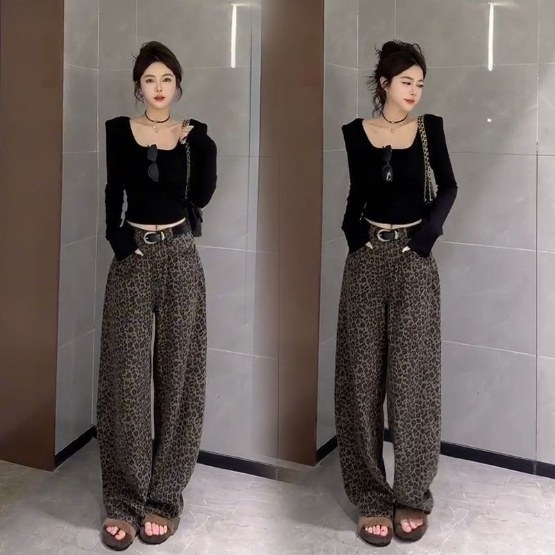 纯欲风辣妹套装女秋季时尚高级感修身百搭上衣豹纹直筒裤子两件套|undefined