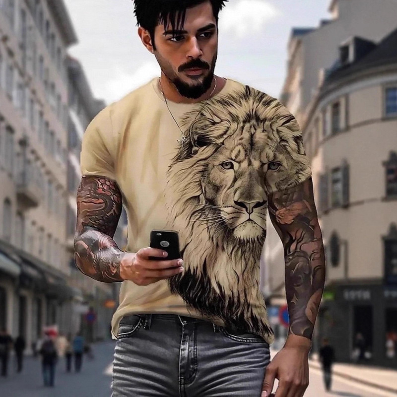 Cross-Border Men's Tiger and Lion Graphic T-Shirt, Cool Lightweight Loose Plus Size 3D Digital Print Design, Fashionable Niche Cross-Border Men's Tiger and Lion Graphic T-Shirt, Cool Lightweight Loose Plus Size 3D Digital Print Design, Fashionable Niche