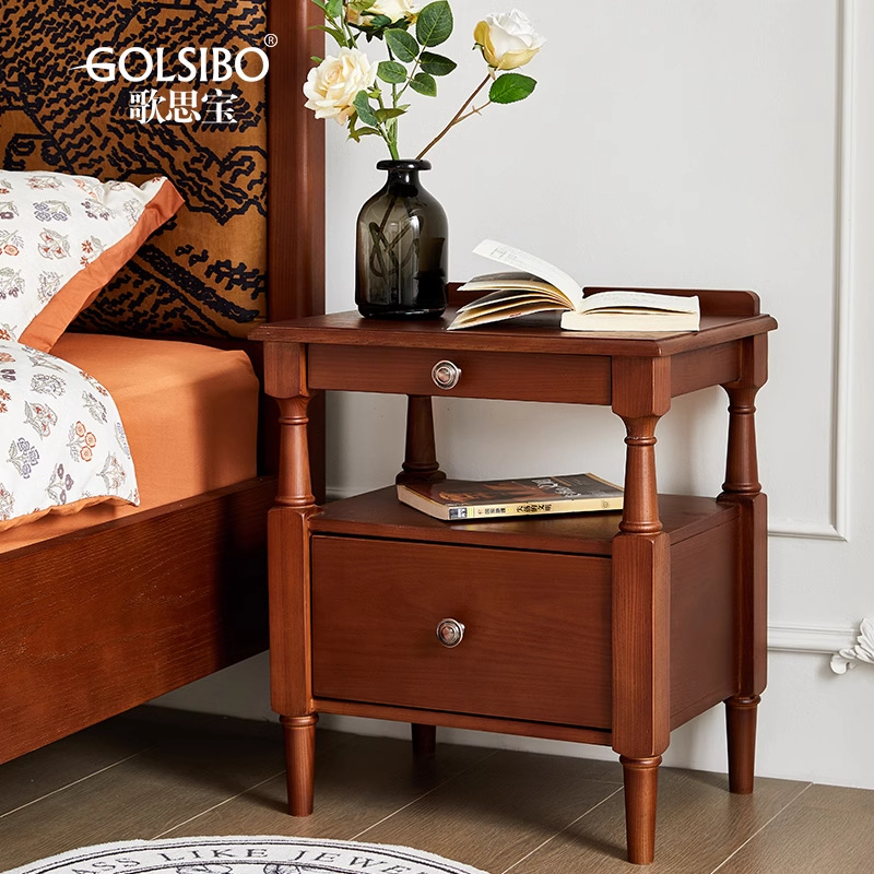 Danvance estilo francés retro mesa de cabecera de madera sólida de cera blanca dormitorio principal de madera sólida estilo medieval mesa de cabecera de cama