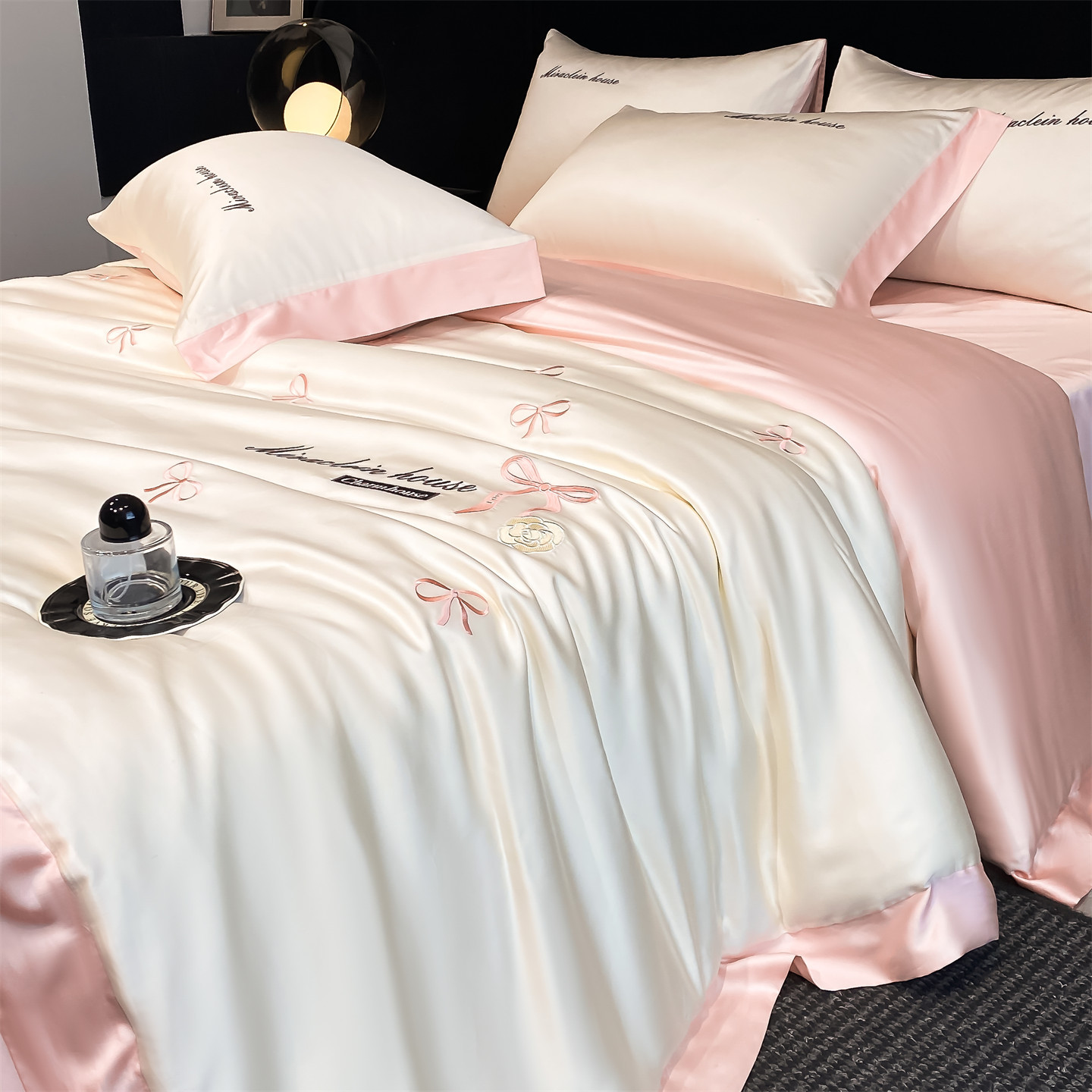 Luxury Embroidered Four Piece Ice Silk Bedding Set For Summer_voghion.com