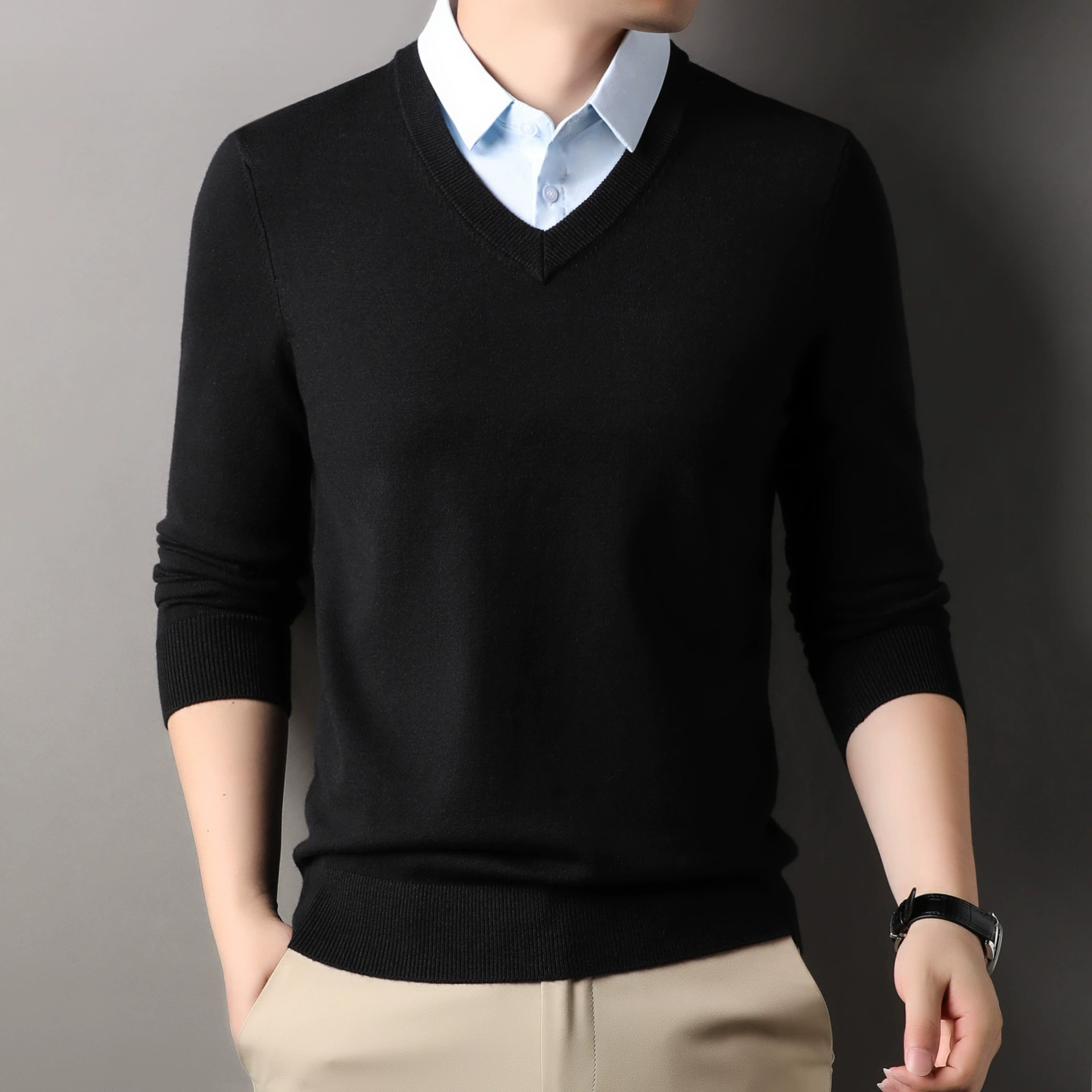 Мужской свитер с длинным рукавом, имитация двухслойной рубашки, вязаный, с V-образным вырезом, шерстяной, с цветовыми блоками, универсальный, осенний стиль