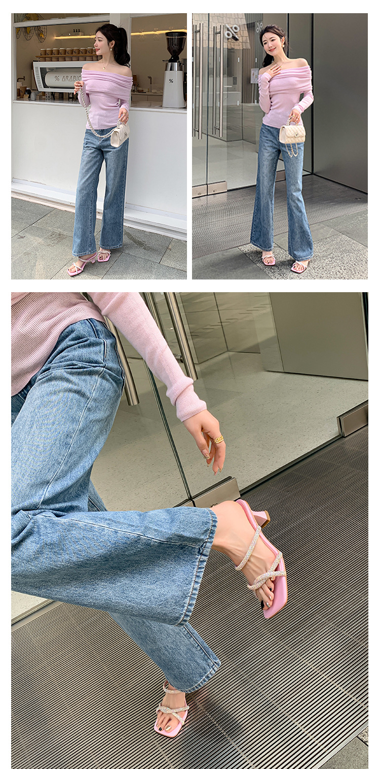 Dép sandal cao gót nữ quai mảnh đính đá mũi vuông gót dày 9 cm — đen, màu hồng, trắng chi tiết 23