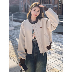 韩系棒球服短款外套女宽松休闲厚款美式圆领拉链夹克上衣潮夹克