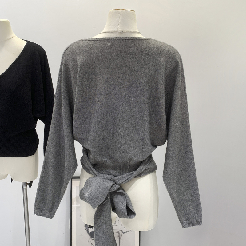Korean Style Elegant High-Waisted Tie V-Neck Sweater Base Knit Top for Women Autumn Winter Short Top
