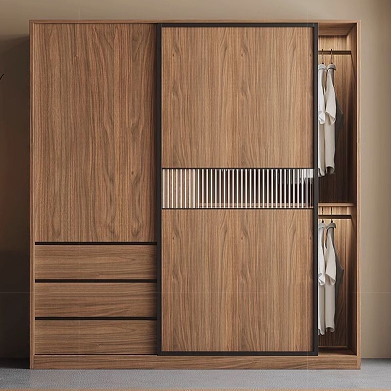 Nordic Sliding Door Wardrobe for Home Bedroom Small Apartment Combination Glass Sliding Cabinet Solid Wood Color Finished Wardrobe