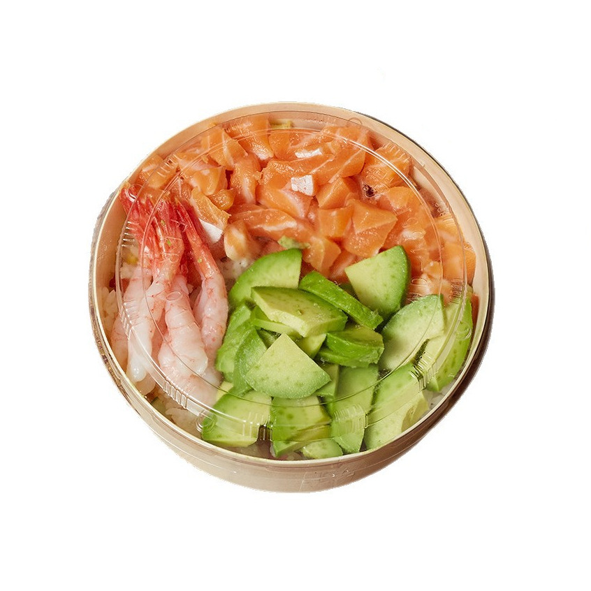 Caja de comida de madera de alta calidad Caja de salmón para llevar Caja de embalaje de sushi fresco Caja de madera para llevar sashimi redondo