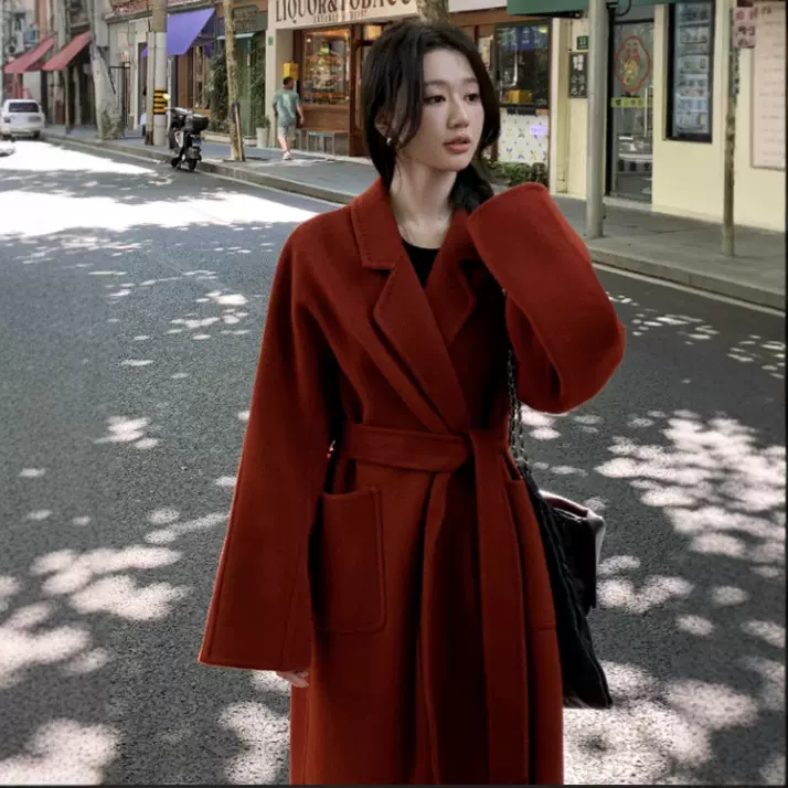 羊绒大衣女款2025新款秋冬安哥拉红高级感纯羊毛双面呢子大衣浴袍