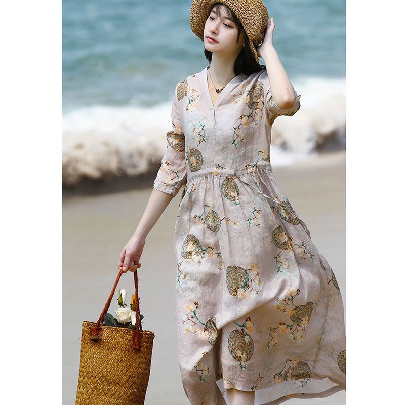 2025日系出口原单品牌折扣剪标中长款棉麻连衣裙收腰复古碎花裙子