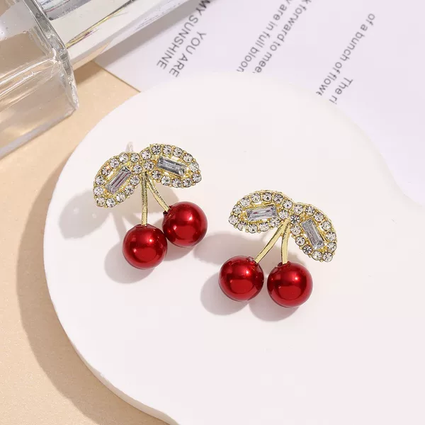 New Sweet and Stylish Cherry Earrings Full of Diamonds, Fashionable and Unique Design, Pearl Earrings for Women Wholesale