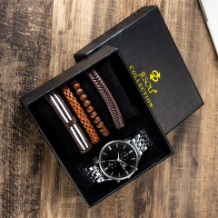 新款男士商務時尚潮流鋼帶石英手錶+簡約手鍊套裝-5PCS/Set