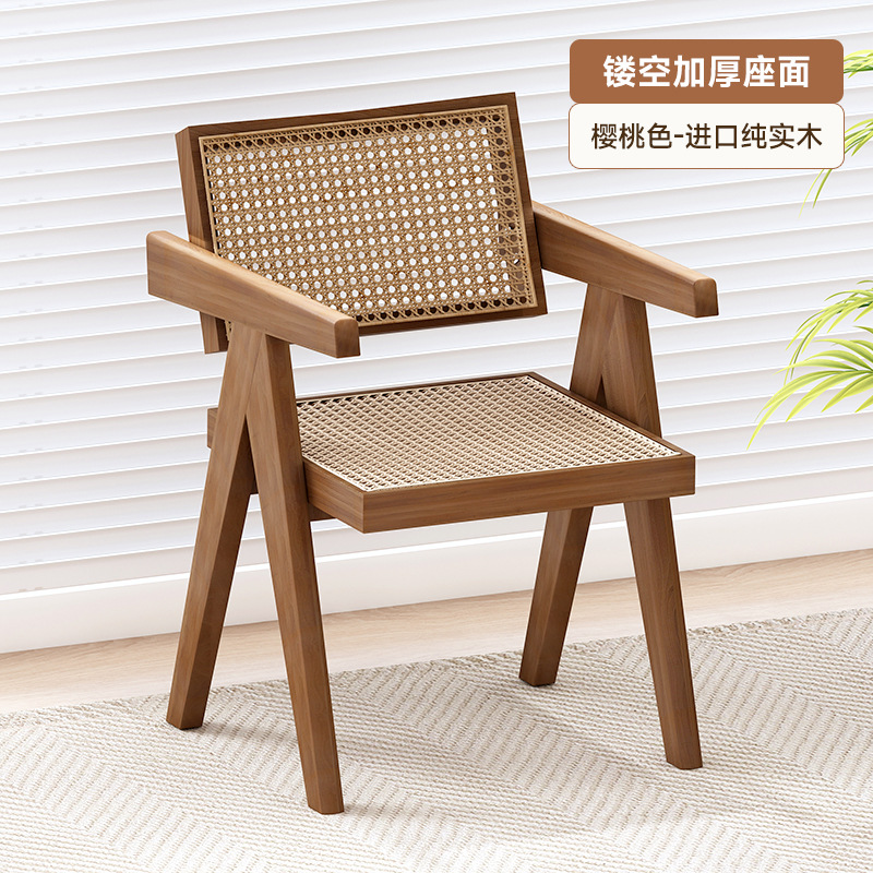 Hogar Chandigarh Silla de ratán de estilo antiguo con reposabrazos, silla de ratán de ocio simple y moderna, silla de comedor de madera maciza