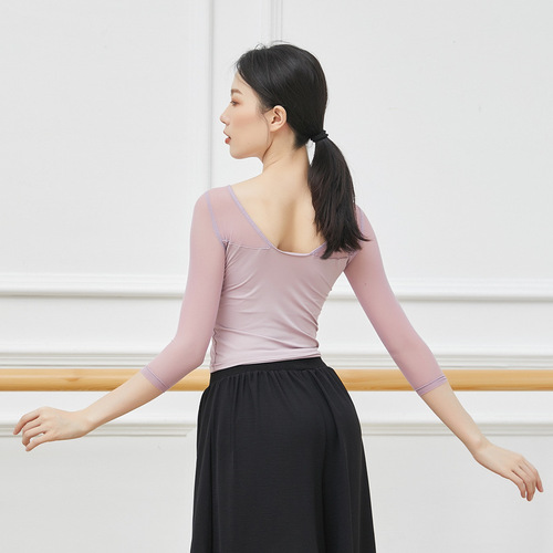 Dance wear for adult women, mesh mid-sleeve tops, ballet practice wear, gymnastics wear, autumn body wear