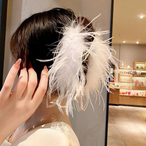 Pure Desire Ins Style Ostrich Feather Clip 13cm Extra Large Shark Clip for Back of Head Hair Clip High-end Hair Clip