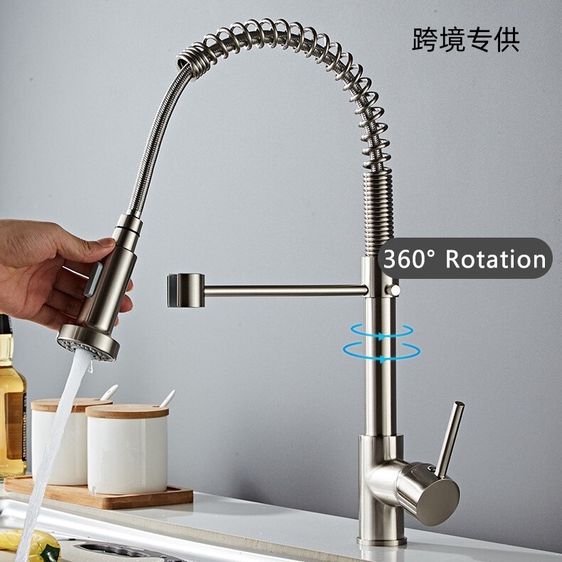 Stainless Steel Spring Kitchen Faucet with Hot and Cold Water, Universal Extension, Pull-Out Sink Faucet for Cross-Border Trade