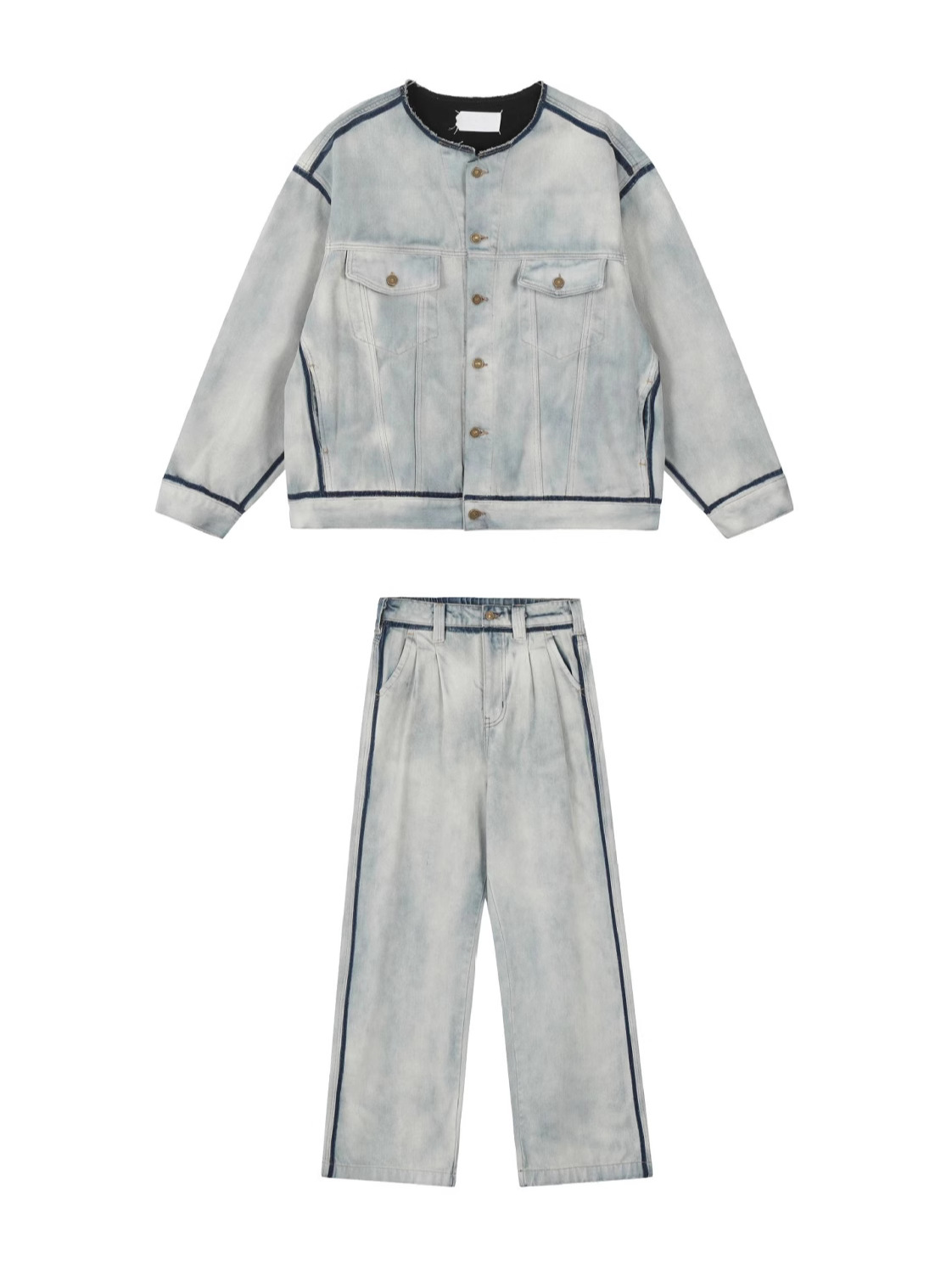 Kişi üçün yuyulmuş denim jaket, dördkünc nişanlı, yaxasız