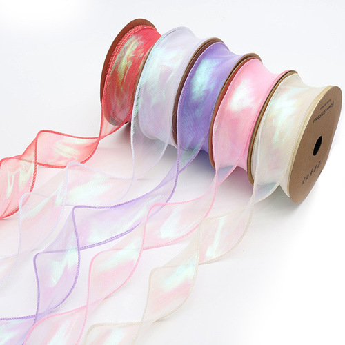 Wholesale  new flower shop materials flower bouquet packaging silk ribbon pearlescent wave colorful mermaid ribbon