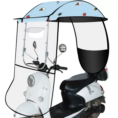 Electric vehicle canopy, motorcycle, Elektromobil üçün ön şüşə çətiri (günlük) - stainless-steel-reinforced-edge-model-rain-curtain-blue-ice-cream-with-rearview-mirrordirect-installation