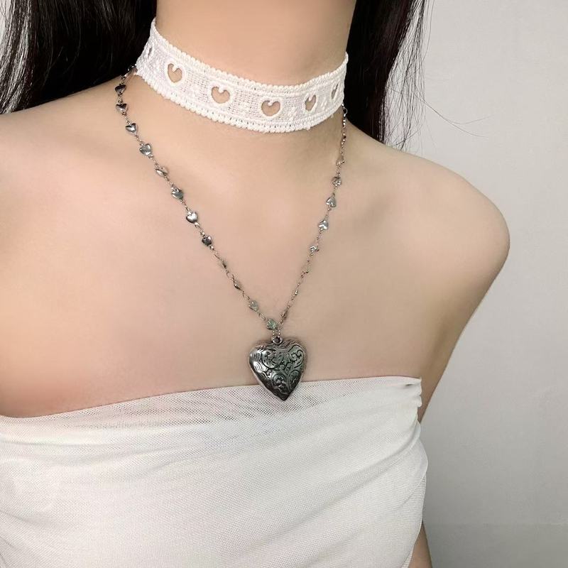 复古蕾丝爱心十字架吊坠项链女银色拼接钛钢链条辣妹锁骨链女饰品|undefined