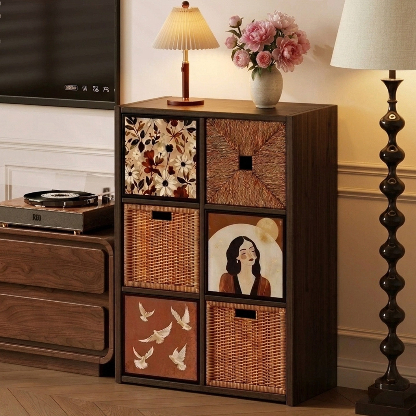 Kalek grid cabinet, freely combinable floor-standing storage rack, small side cabinet next to the TV, side cabinet, standing cabinet, living room storage cabinet