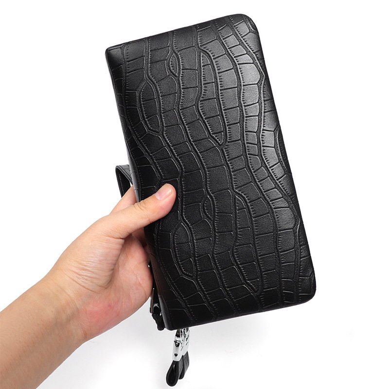 Ví nam dài vân cá sấu da bò thật khóa kéo đôi nhiều ngăn đựng thẻ 21×4,5×11 cm — Màu đen vân cá sấu cỡ nhỏ, Màu đen vân cá sấu cỡ trung