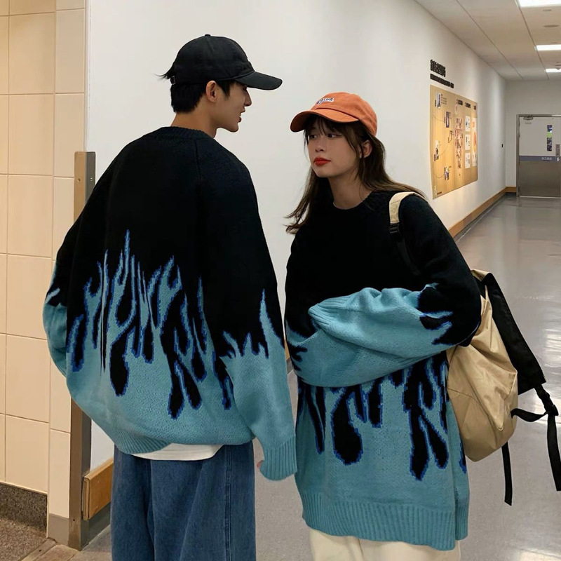 Couple outfit autumn and winter 2024 new Korean style ins tide brand lazy wind flame thickened sweater men's fried street coat Couple outfit autumn and winter 2024 new Korean style ins tide brand lazy wind flame thickened sweater men's fried street coat