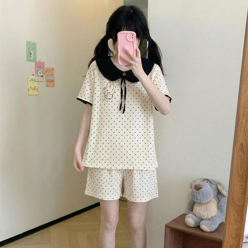 Doll Collar Pajamas for Women Summer Cloud Cotton Polka Dot Cartoon Bunny Girl Short-Sleeved Shorts Student Home Clothes Set