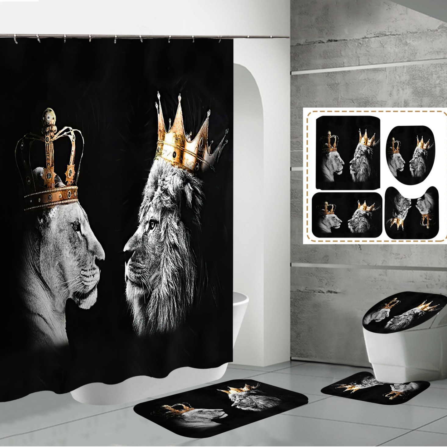 Factory direct Amazon e-commerce hot digital printing waterproof polyester lion Tiger toilet partition curtain