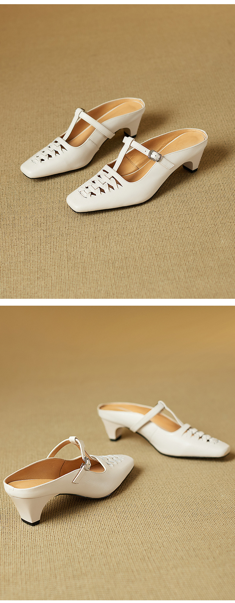 Sandal nữ gót thô 5 cm mũi vuông kiểu dệt vintage, quai chữ T bọc đầu — đen chi tiết 10