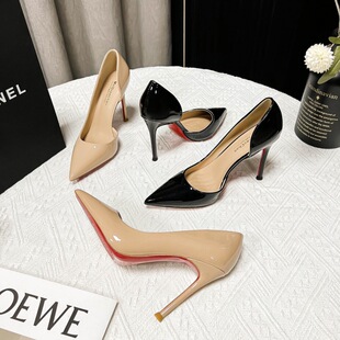 2025 European and American Pointed Toe Stiletto Side Hollow High Heels Women's Patent Leather Microfiber Lining Rubber Sole Shallow Mouth Spring Women's Shoes