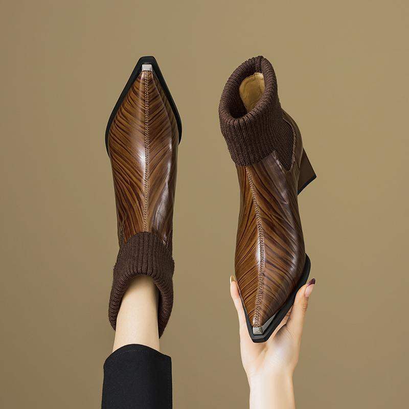 Niche Designer ~ Gold Pointed Toe Leather High Heels Ankle Boots 2024 Autumn and Winter New Knitted Stretch Boots