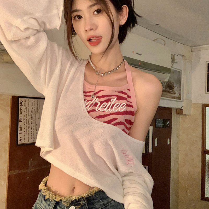3525# American Sling Knitwear Short Vest V-Neck Long Sleeve Blouse Spring and Summer New Pure Spice Girl Two-Piece Set