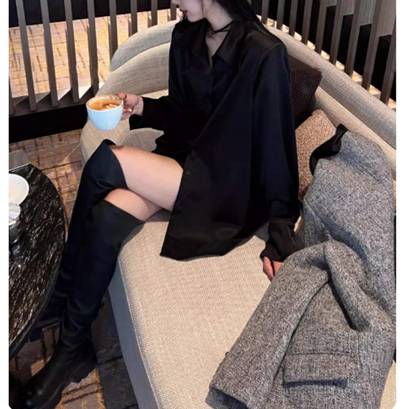 Satin Long-Sleeved Shirt, Crisp and Voluminous, Lazy and Relaxed Black Shirt for Women