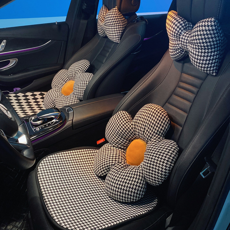 Houndstooth Car Interior Headrest Neck Pillow Women's Winter Cute Car Seat Belt Shoulder Guard Gear Handbrake Cushion