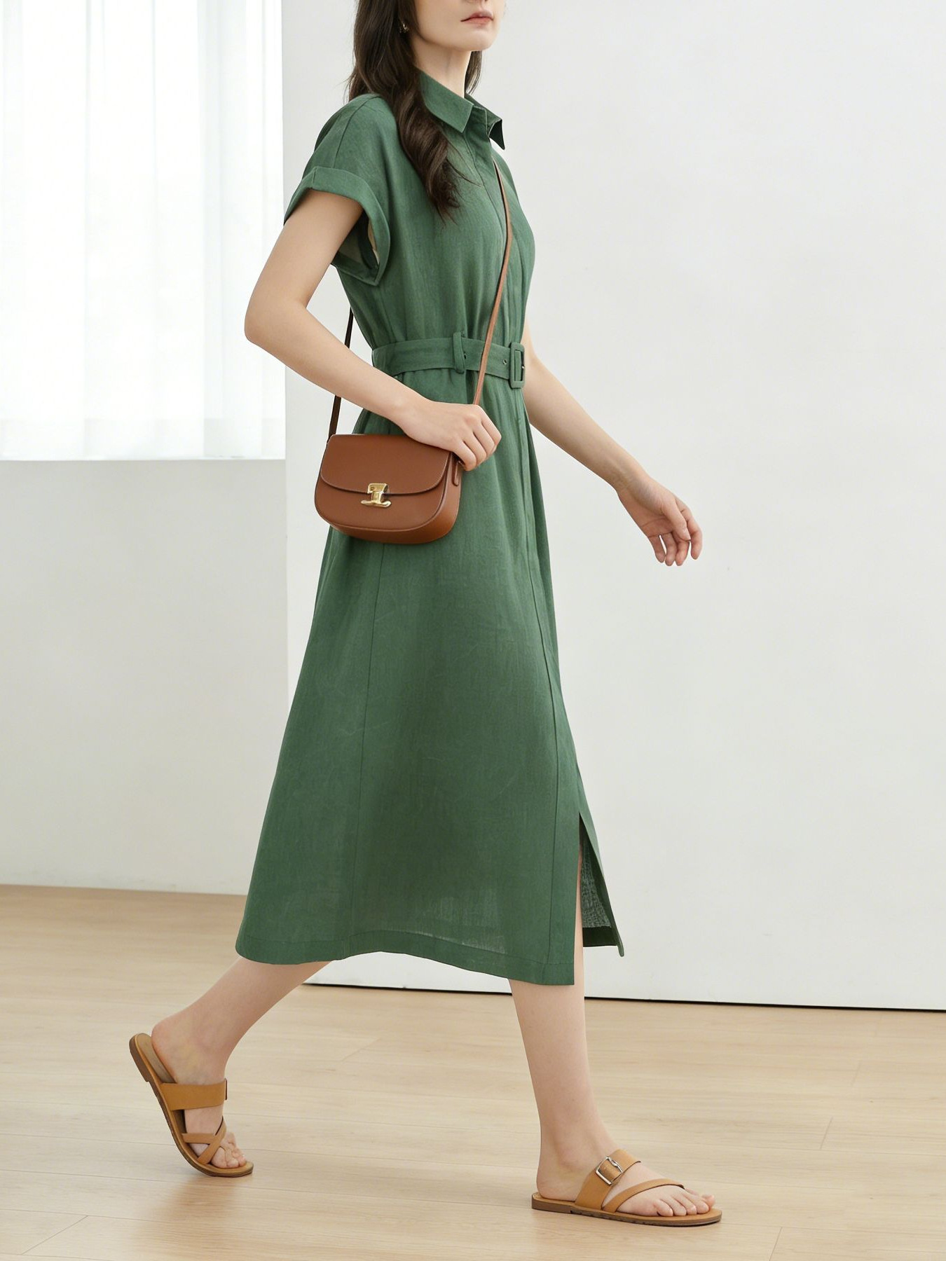 Đầm sơ mi nữ tay ngắn thắt eo chất liệu linen dáng dài — màu đen