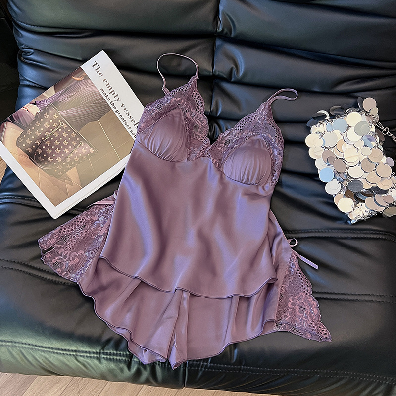 Summer Simple Solid Color Two-Piece Set with Suspenders, Chic and Sexy, Cool and Thin Ice Silk Loungewear, Trendy Style